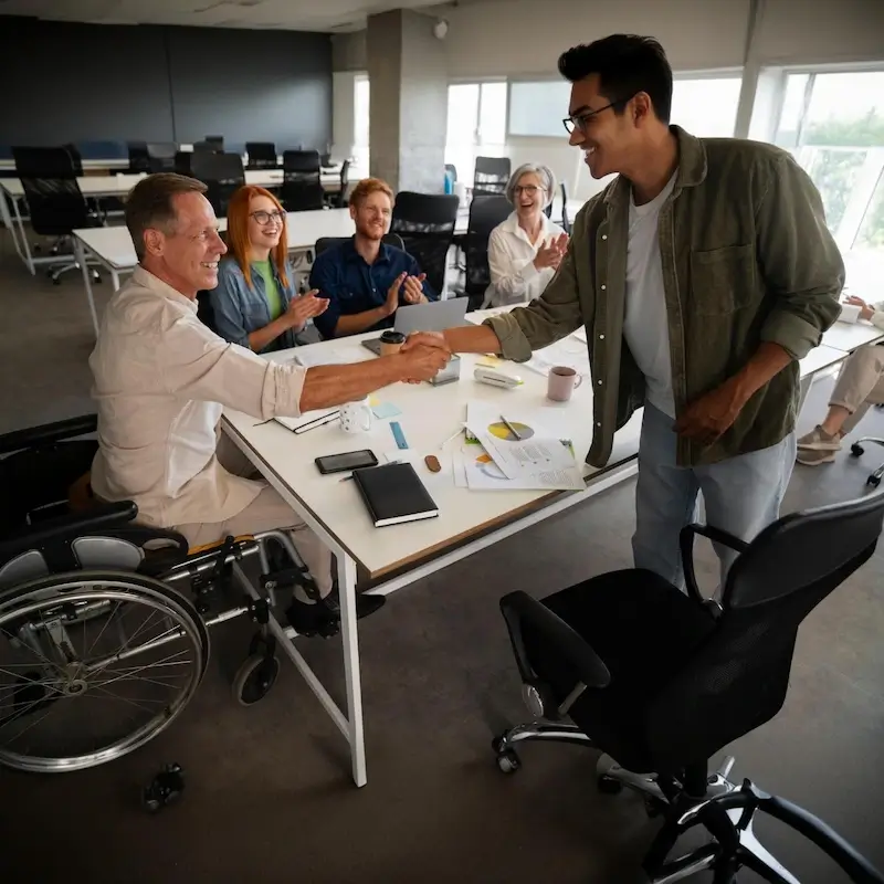 man wheelchair having inclusive office job square