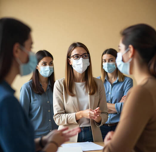 Group of people talking with masks.