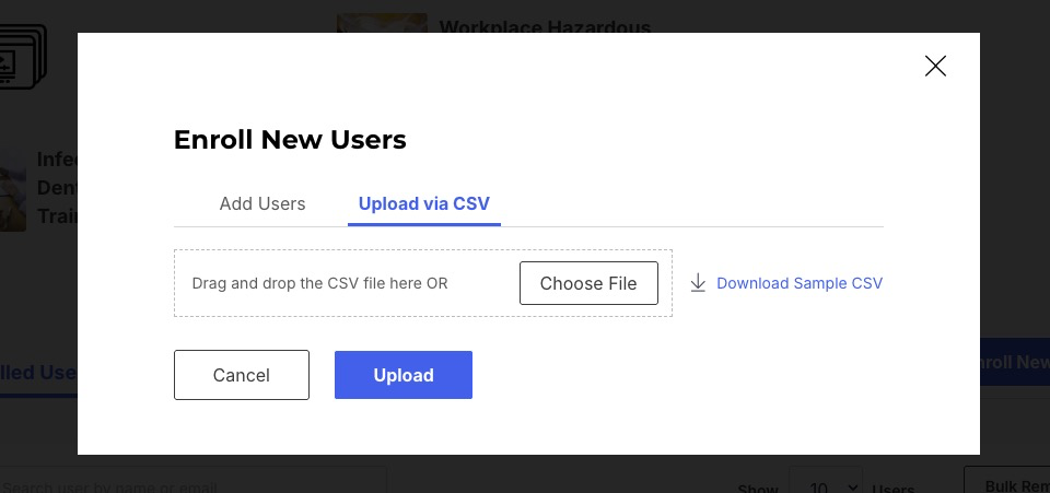 Upload via CSV tab showing Choose File, Download Sample CSV, and Upload.