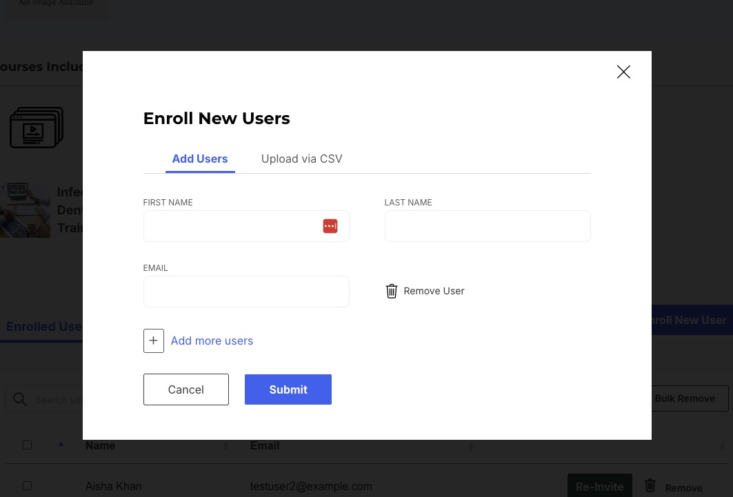 Enroll New Users form showing name and email fields, Add more users, and Submit.
