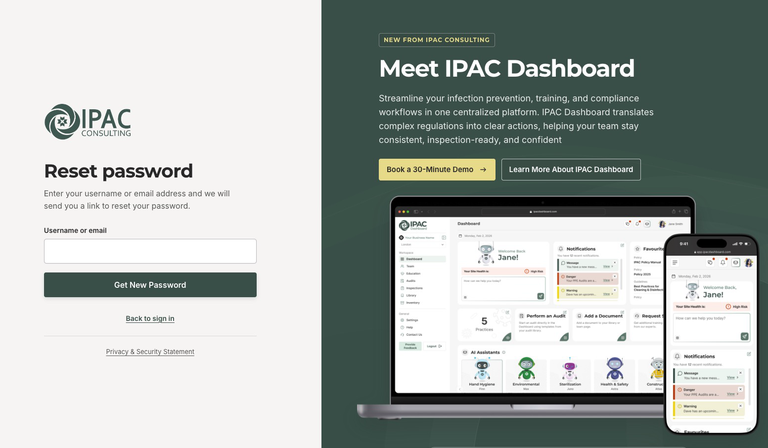 Reset password form showing the username or email field and Get New Password button.