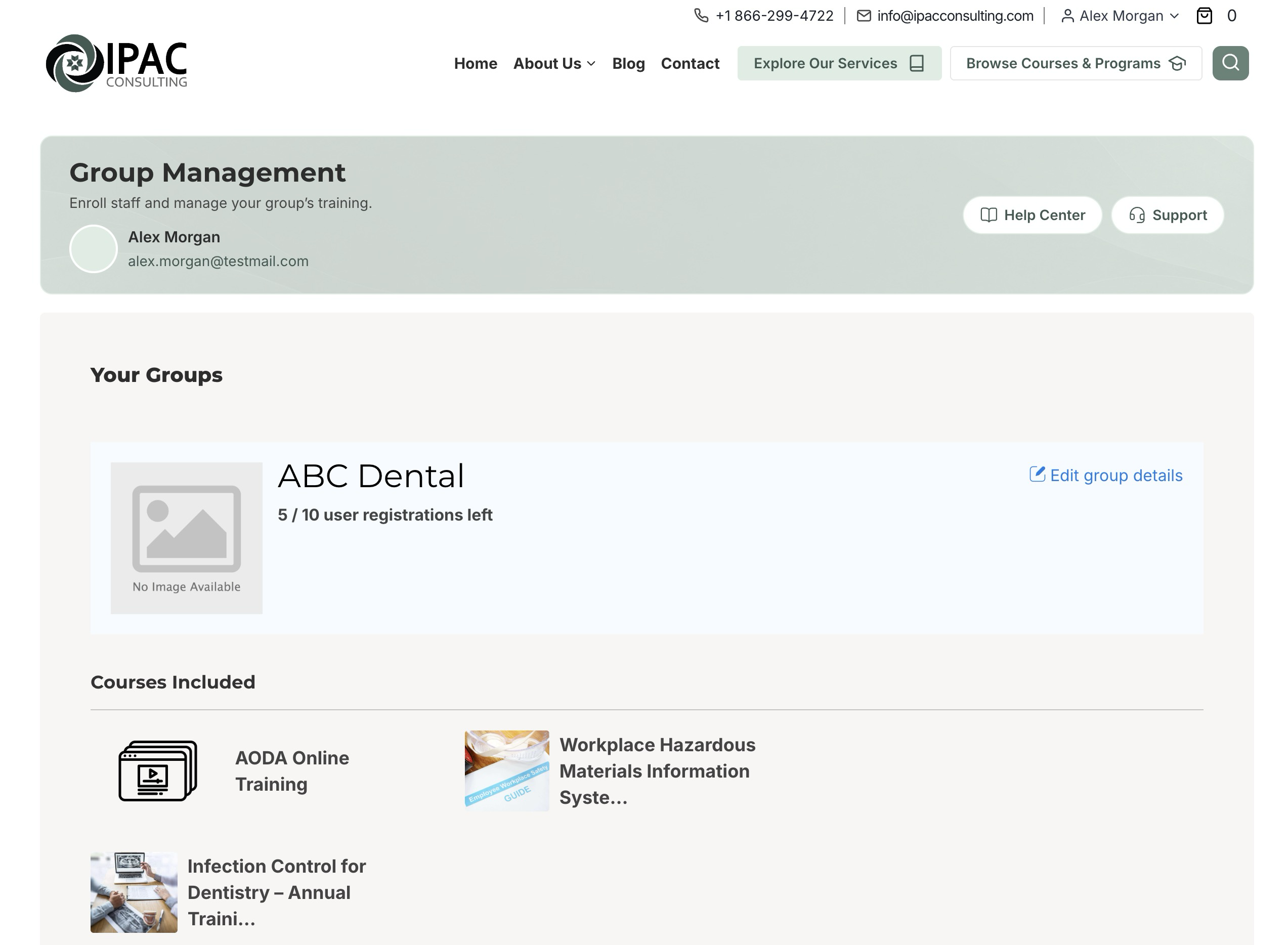 Updated Group Management dashboard showing the group name, remaining registrations, and Courses Included.