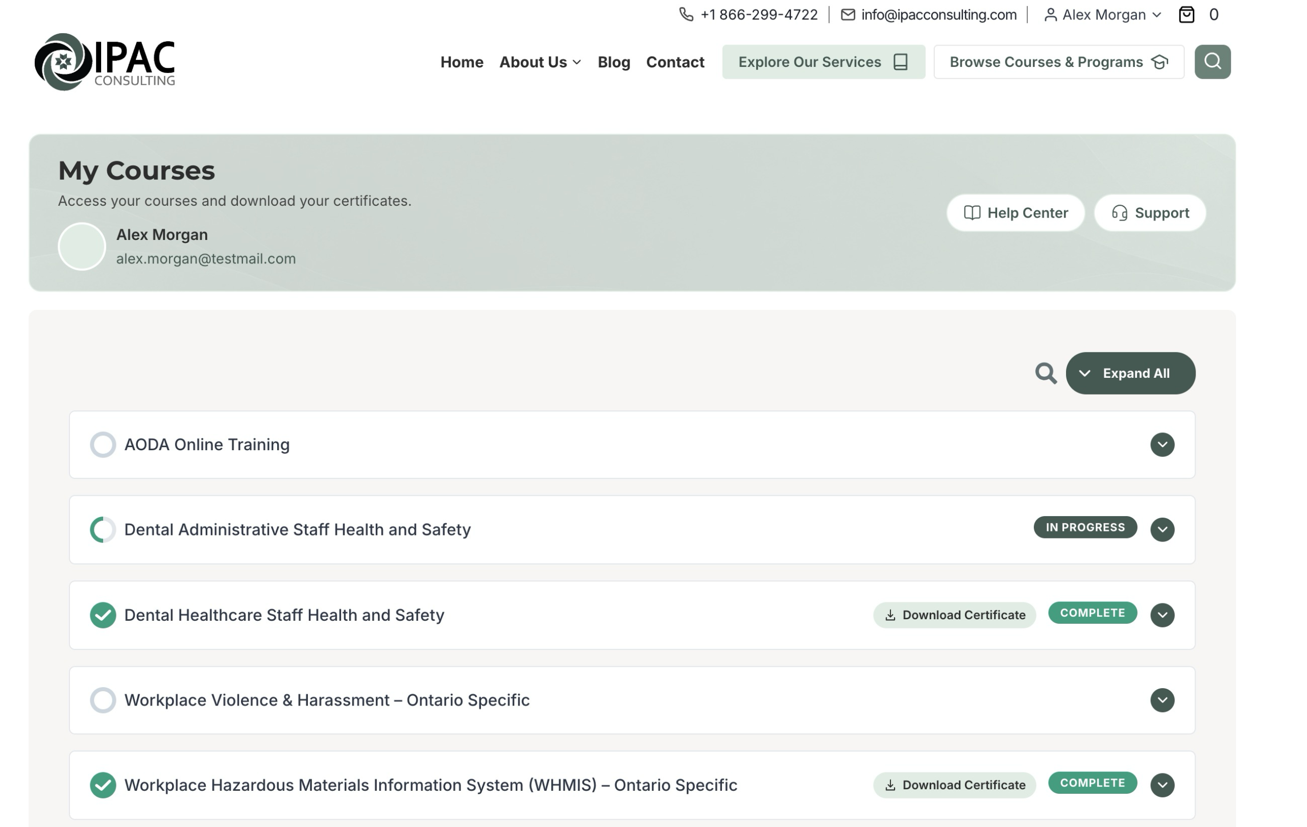 Student Dashboard showing enrolled courses, progress badges, and Download Certificate buttons.